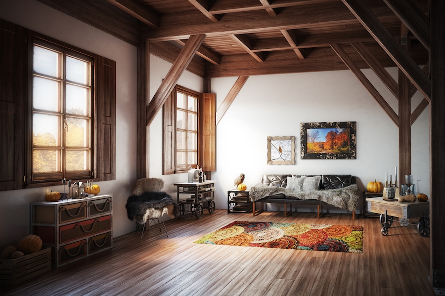 Digitally generated warm, rustic and cozy home interior design with high quality¬†models of stylish furniture and home props. Fall indoor air quality.