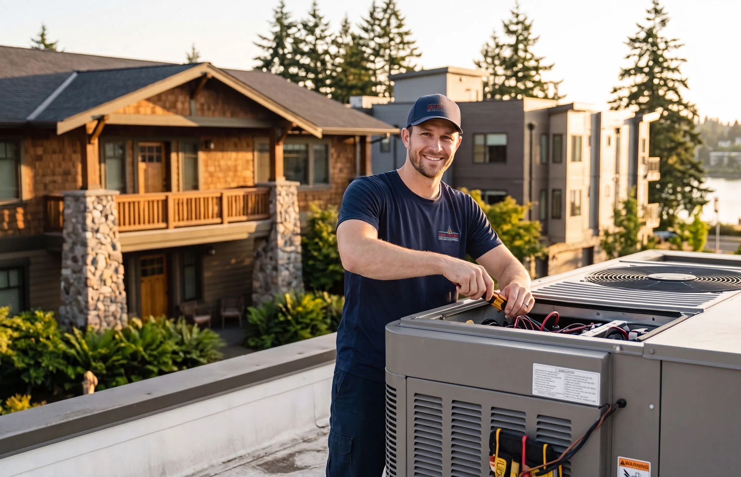 commercial HVAC tech repairing rooftop air conditioners
