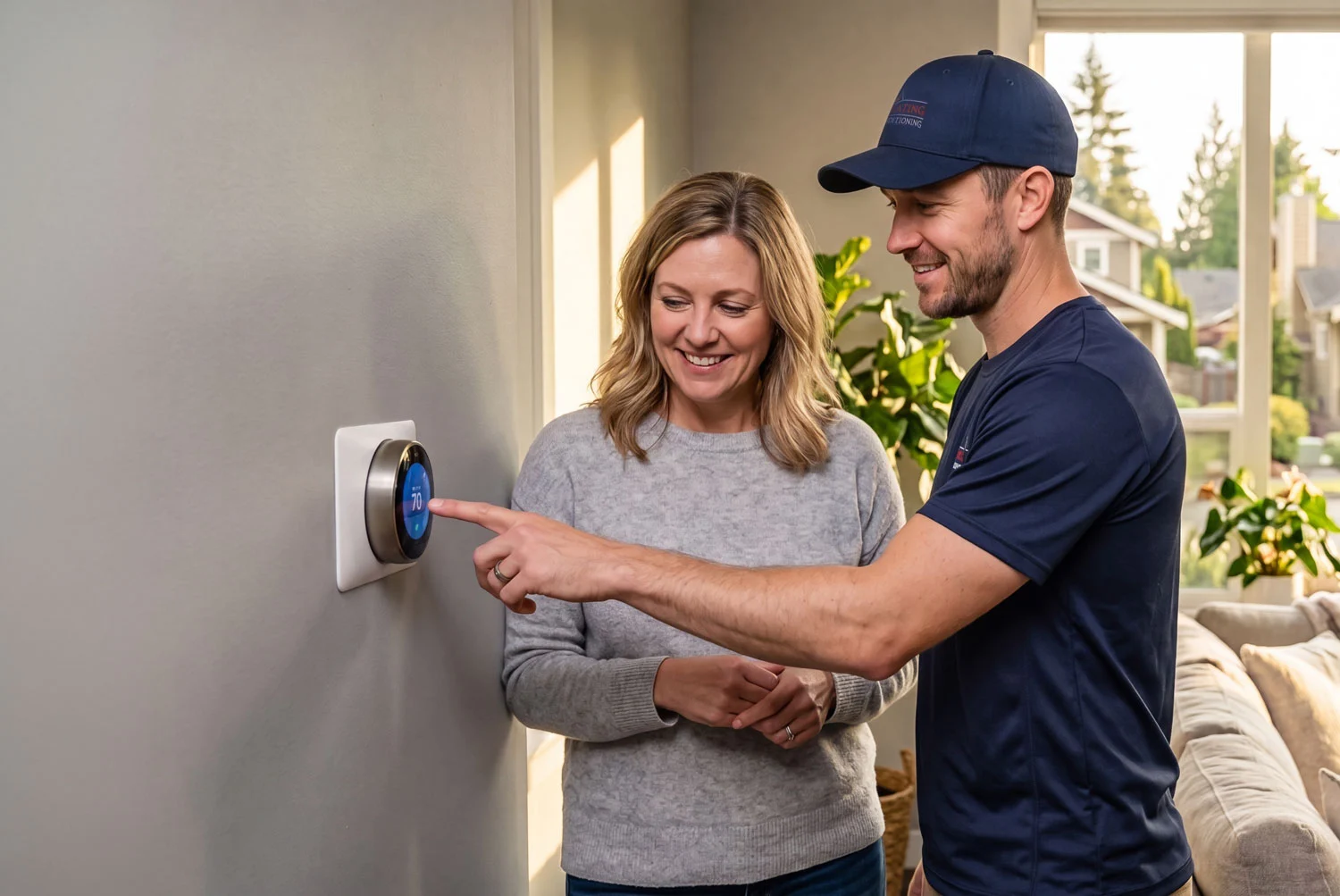 HVAC tech showing customer how to use thermostat